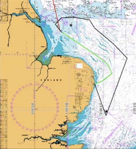 Wave glider's North Sea route: green line indicates initial transit to first, northern SmartBuoy site (Dowsing); the stars mark SmartBuoy locations; black line shows the trial route